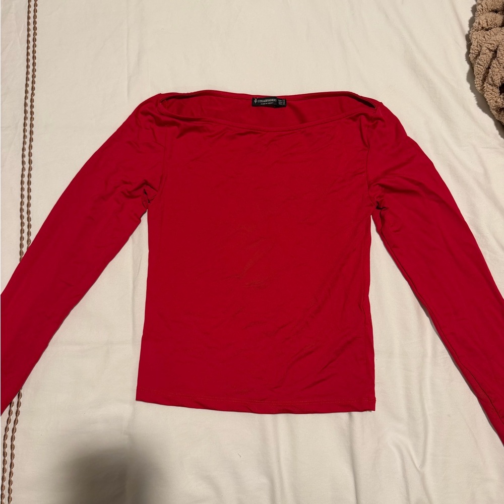 stradivarius Red Long-Sleeve Boatneck Top
